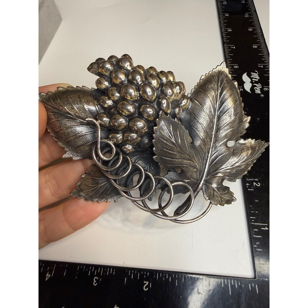 Large Silver Tone Grape Cluster and Leaf Statement Brooch Pin Botanical Design